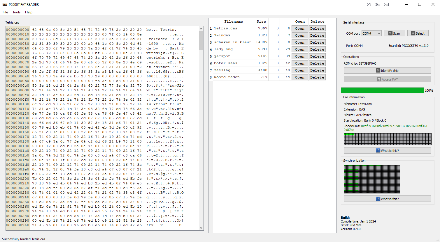 Reading the ROM chip after reading the cassette tape using the P2000T FAT Flasher.