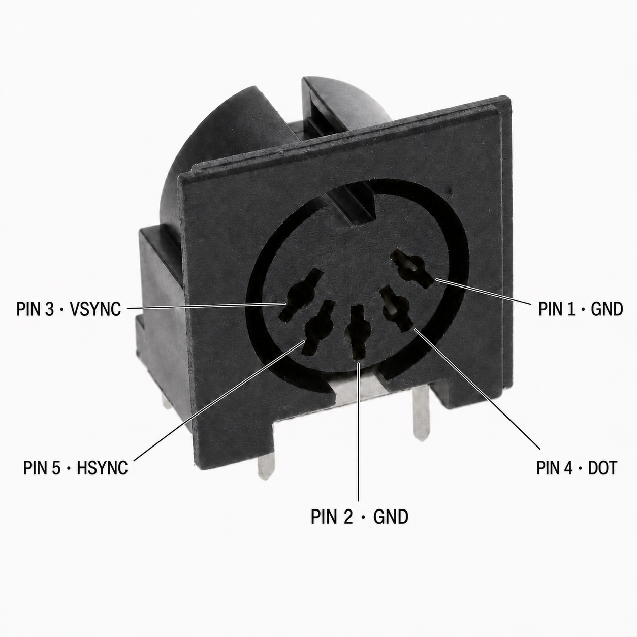 Front view of the female P2000M DIN 5 video socket showing pin 3 VSYNC, pin 5 HSYNC, pin 2 GND, pin 4 DOT, and pin 1 GND