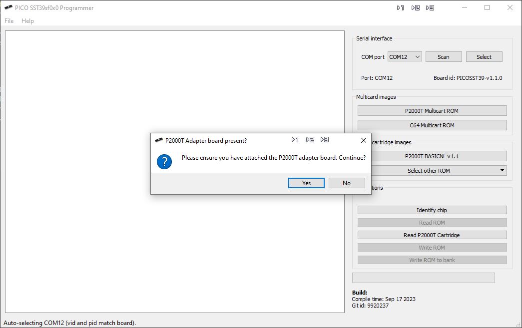 The PICO-SST39SF0x0 programmer utility asks to confirm whether the P2000 adapter plate is correctly attached.