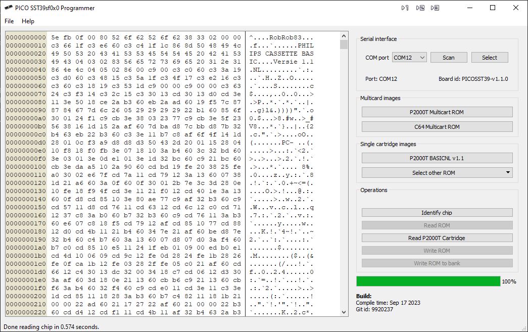 The ROM contents is transferred from the cartridge to the computer and visualized in the hex viewer.