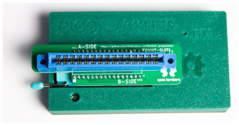 P2000 SLOT1 adapter board inserted into the PICO flasher.