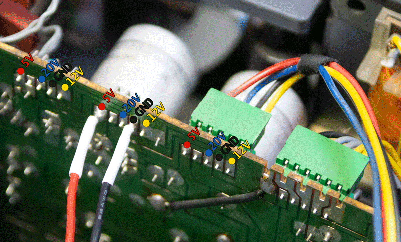 Grab GND and 5V lines from the power PCB. Color coding: RED: 5V; BLUE: 20V;
BLACK: GND; YELLOW: 12V. There is one pin position in between the 5V and 20V
lines, which is unconnected.