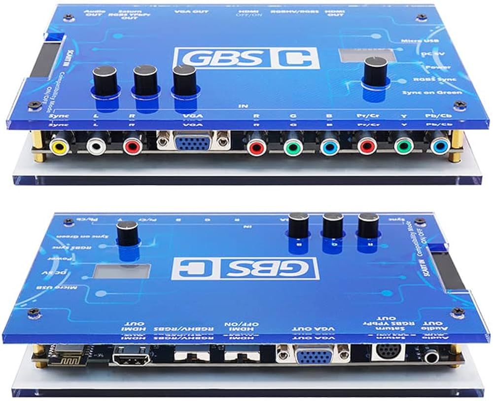 GBS-Controller. This device can convert RGBS signal to HDMI.
Note the yellow, red, green and blue RCA jacks on the front side and the HDMI
out socket on the backside of the device.